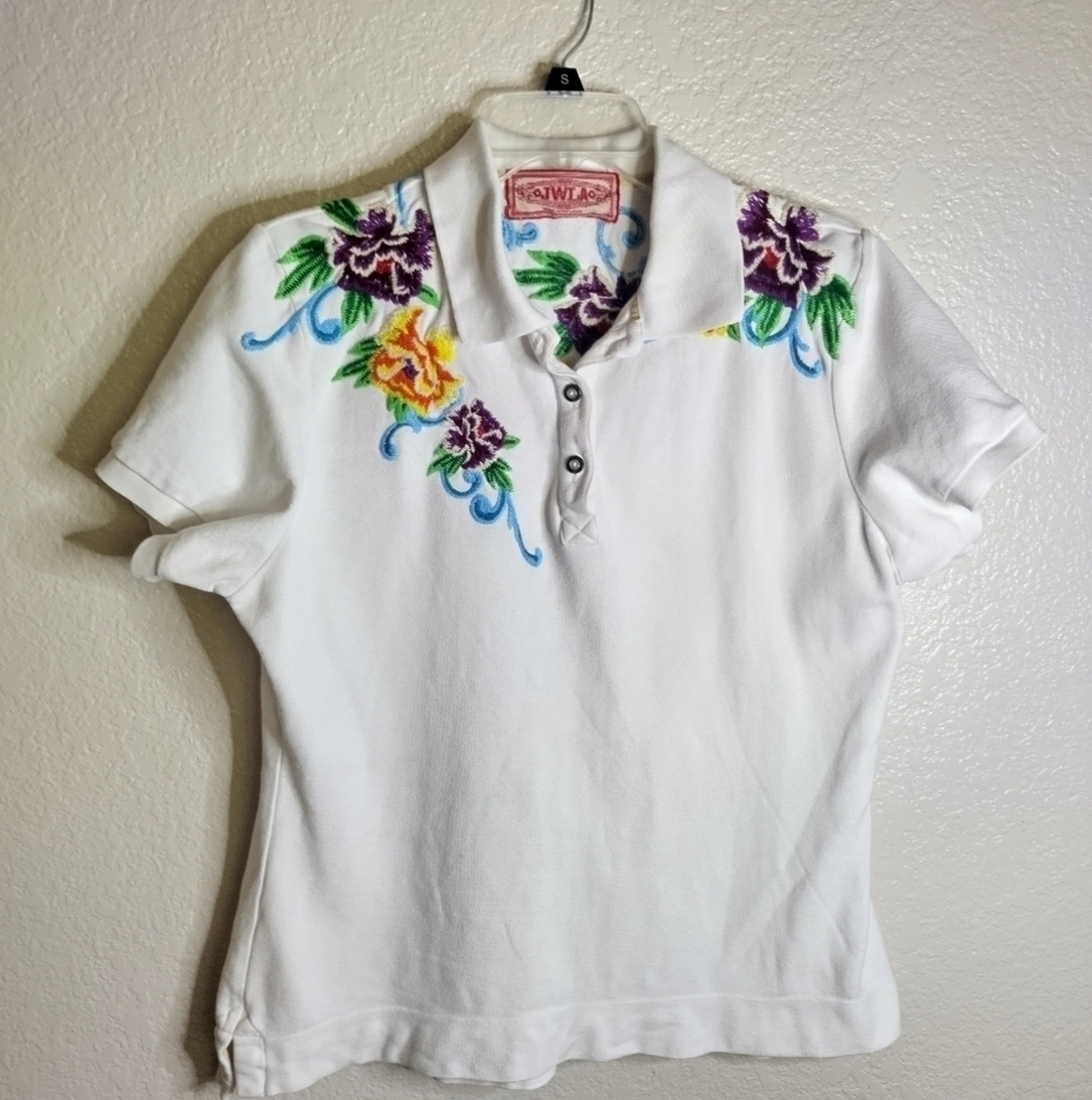 Johnny Was Lorne embroidered polo tee sz L
